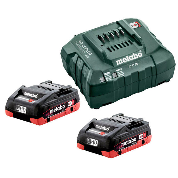 Metabo  18 V LiHD Starter Pack 2 x 4.0 Ah
(2 x 18 V 4.0 Ah LiHD Battery Packs, 1 x ASC 55 Air-cooled Charger) 4.0 LiHD KIT