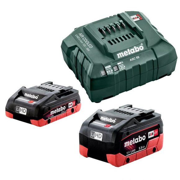 Metabo  18 V LiHD Starter Pack 4.0 Ah + 5.5 Ah
(1 x 18 V 4.0 Ah LiHD Battery Pack, 1 x 18 V 5.5 Ah LiHD Battery Pack, 
1 x ASC 55 Air-cooled Charger) 455 LiHD KIT