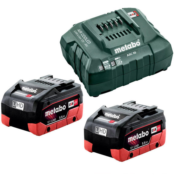 Metabo  18 V LiHD Starter Pack 2 x 5.5 Ah
(2 x 18 V 5.5 Ah LiHD Battery Packs, 1 x ASC 55 Air-cooled Charger) 5.5 LiHD KIT