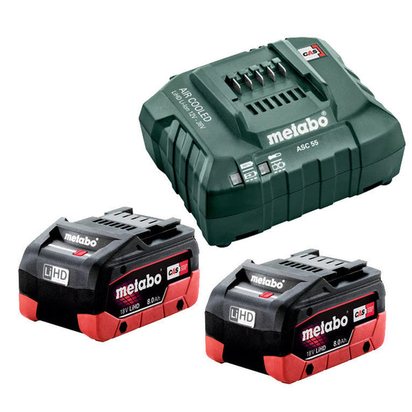 Metabo  18 V LiHD Starter Pack 2 x 8.0 Ah
(2 x 18 V 8.0 Ah LiHD Battery Packs, 1 x ASC 55 Air-cooled Charger) 8.0 LiHD KIT