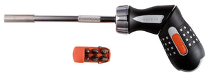 Bahco Screwdriver, ratchet, pistol grip, 250mm long, contains 6 bits:  PH1, PH2, PZ1, PZ2, SL 4.5 and SL 5.5