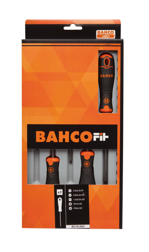 Bahco 5 pce screwdriver set - 3 x Slotted - 3.0 x 75, 4.0 x 100, 5.5 x 125, 2 x Phillips PH1 x 100, PH2 x 125 - BahcoFit