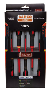 Bahco 5 pce Slim Line 1000v insulated screwdriver set. 3 x slotted - 0.5x3.0 x 75, 0.8 x 4.0 x 100, 1.0 x 5.5 x 125                                 2 x Phillips Head PH1 x 80, PH 2 x 100