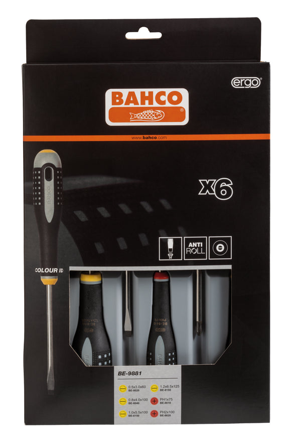 Bahco ERGO handled 6 piece Screwdriver Set.  Set contains:  4 Slotted & 2 Phillips Head