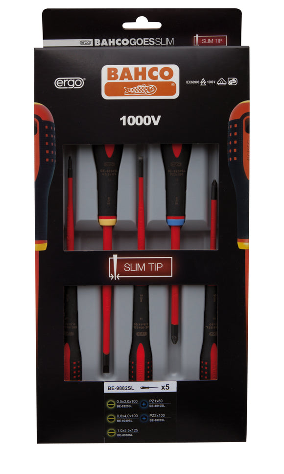 Bahco 5 pce Slim Line 1000v insulated screwdriver set. 3 x slotted - 0.5x3.0 x 75, 0.8 x 4.0 x 100, 1.0 x 5.5 x 125                                 2 x Pozidrive PZ 1 x 80, PZ 2 x 100