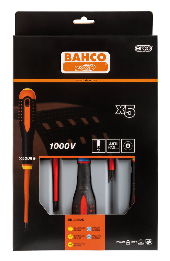 Bahco ERGO handled 5 piece 1000V Screwdriver Set.  Set contains:3 x Slotted & 2 x Phillips