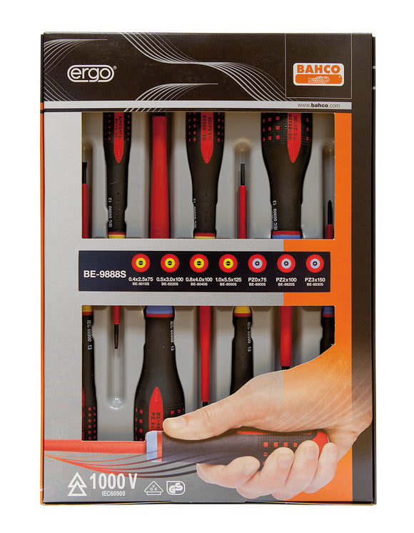 Bahco ERGO handled 7 piece 1000v Screwdriver Set.  Set contains:  4 Slotted & 3 POZI Drive