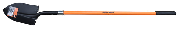 Bahco Round Mouth Shovel - Long Handle. Handle shaft equipped with a profile for a safe non-slip grip. Hardened steel powder coated blade, large tread with profile enables good foot pressure when digging.