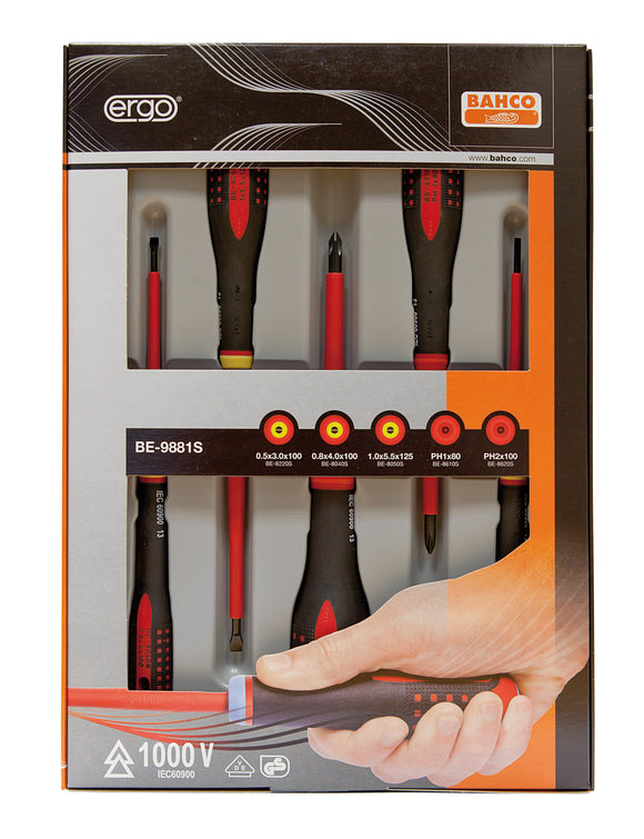 Bahco ERGO handled 5 piece 1000V Screwdriver Set.  Set contains:3 x Slotted & 2 x Phillips