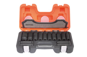 Bahco 14 piece 1/2" Drive Long Impact Socket Set.  Set contains:  10, 11, 12, 13, 14, 15, 16, 17, 18, 19, 21 (length:  80mm), 22, 24 & 27mm (length:  88mm)