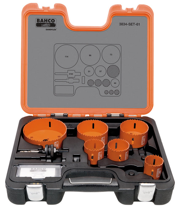 Bahco Holesaw set 7 pce Plumbers 44, 51, 57, 73, 86, 114 mm & 9100 arbor